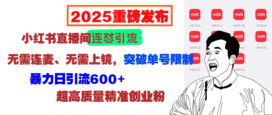 2025重磅发布：小红书直播间连怼引流，无需连麦、无需上镜，突破单号限制，暴力日引流600+超高质量精准创业粉-掘金计划