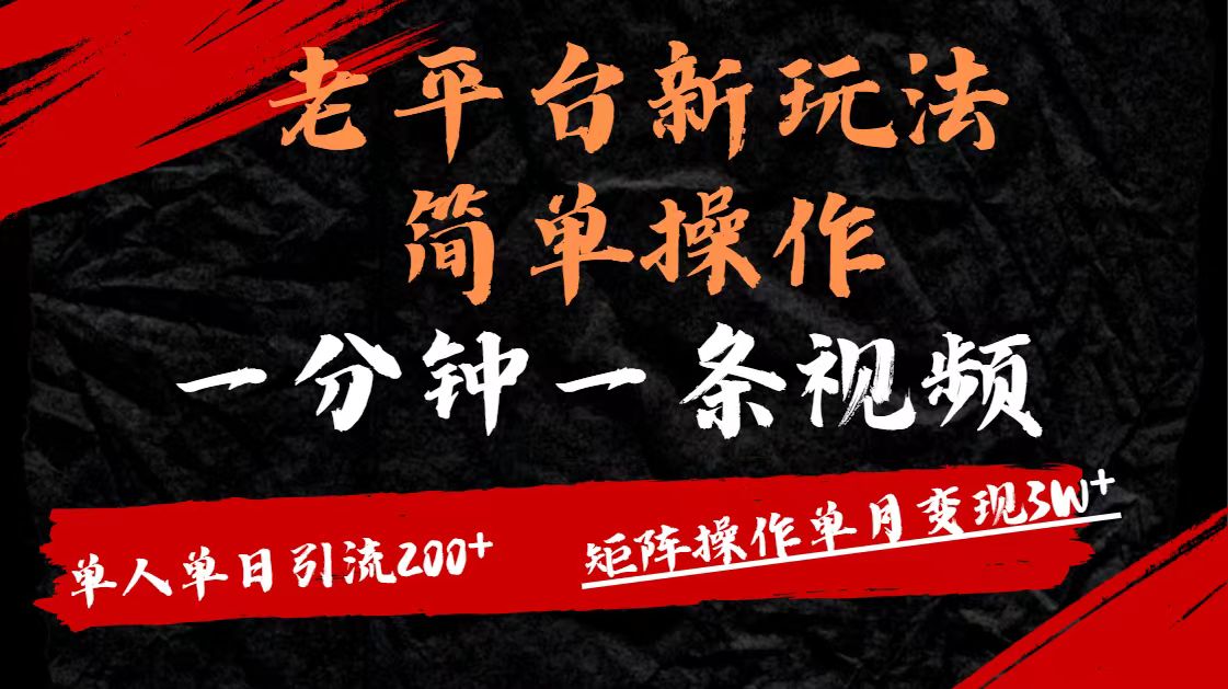 老平台，新玩法，简单操作，一分钟一条视频，单人单人引流200+矩阵操作，单月变现3W-掘金计划